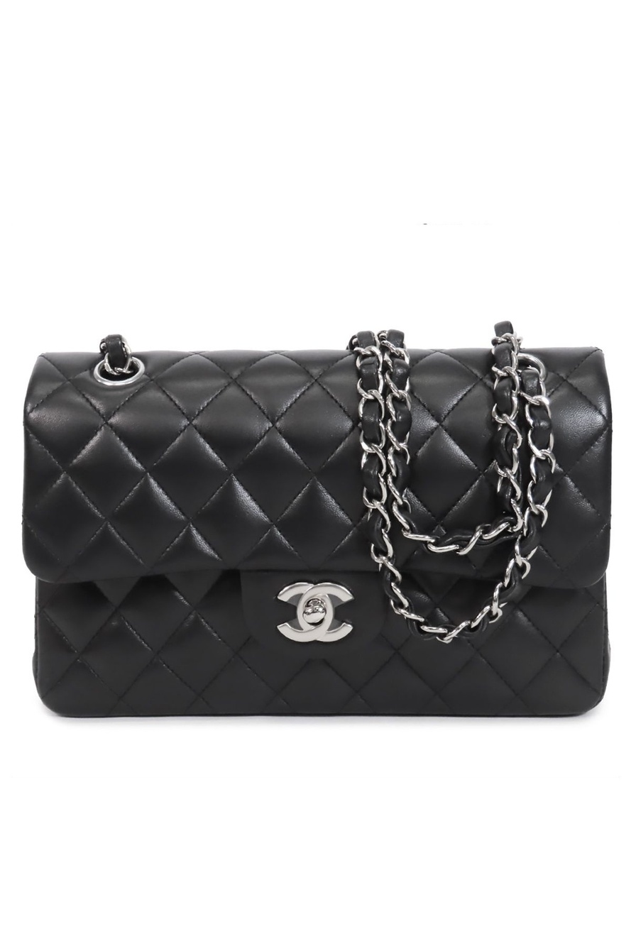 Chanel Chain Black Silver Lambskin Quilted 23 Double Flap Shoulder Bag